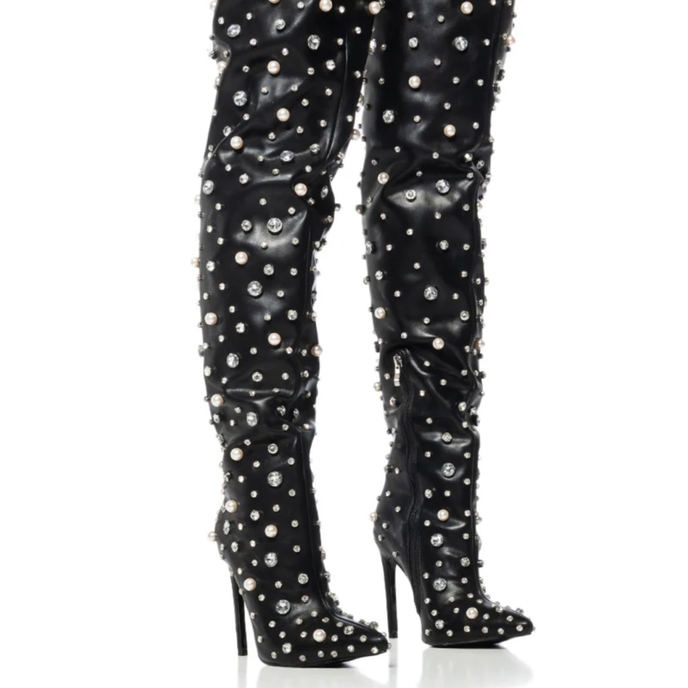 Black Pearl-Embellished Over the Knee Boots